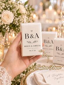 Customizable Couple Name Happy Tears Wedding Tissues, Elegant Minimalist White Mini Pocket Tissue Box, Personalized Wedding Date Printed Travel Pack Tissues, Bulk Wedding Guest Favors Table Decor Keepsake Gifts - Multicolor - View 2