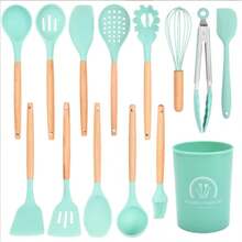 14-Piece Silicone Kitchen Utensil Set With Wooden Handles, Heat-Resistant And Non-Stick Cooking And Baking Tools, Including Spatulas, Spoons, Tongs, Whisks, Draining Spoons, Scrapers, Kitchen Prep Containers, And Household Storage Containers. - Green - View 1