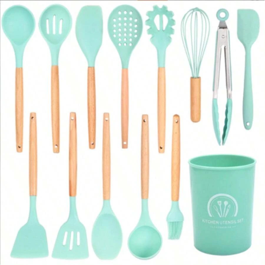 14-Piece Silicone Kitchen Utensil Set With Wooden Handles, Heat-Resistant And Non-Stick Cooking And Baking Tools, Including Spatulas, Spoons, Tongs, Whisks, Draining Spoons, Scrapers, Kitchen Prep Containers, And Household Storage Containers. - Green - View 1