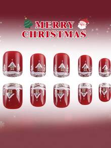 24pcs Short European Square False Nails, Christmas Red Base With Silver Glitter Christmas Tree And Snow Scene Press-On Nails, Full Coverage And Removable, Perfect For Parties, Proms, And Everyday Wear. - Multicolor - View 3