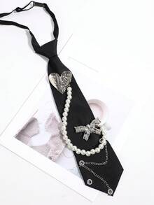 1pc Niche Design Heart Pearl Bow Rhinestone Sweet Cool Personalized Shirt Decoration Women's Necktie - Multicolor - View 5