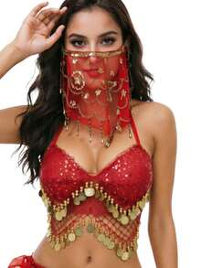 Mesh Hollow Coin Pendant Neck Top, Beaded Floral Tassel Veil, Suitable For Bar, Dance Party, Middle Eastern Exotic Dance Performance, Multiple Colors Available - Multicolor - View 2
