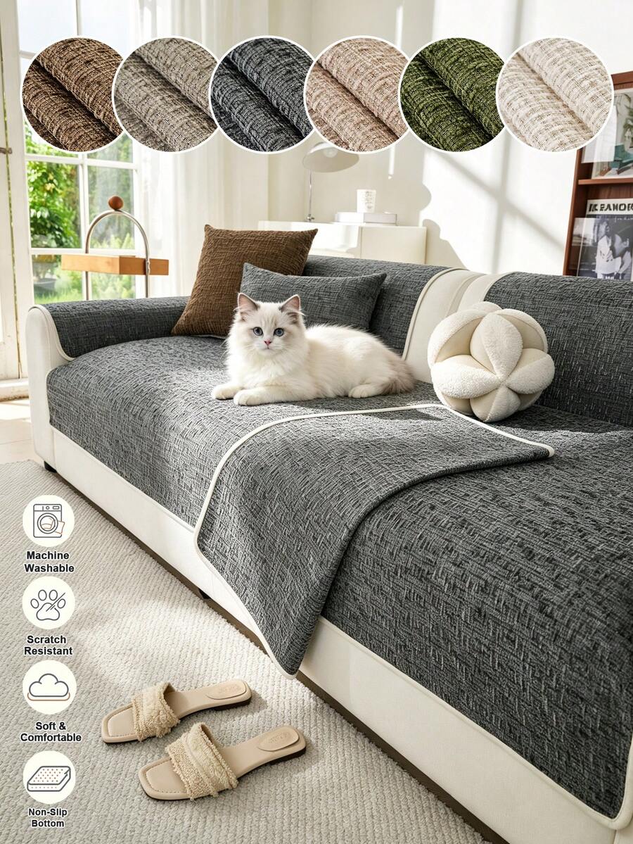 1PC Solid Textured Stretch Sofa Cushion Cover, High Elastic Snug Fit, Pet Friendly Couch Protector For 1 2 3 4 Seater Sofa, All‑Season Soft Sofa Mat For Home Living Room Decor - Dark Grey - View 1