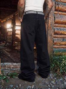 Men's Black Loose Wide‑Leg Jeans, Side Eyelet Lace‑Up Design Denim Gothic Y2K Streetwear Pants - Black - View 5