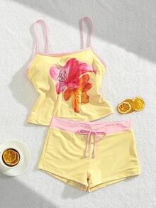 Tropical Print Tankini Swimwear Set For Women, Includes Built-In T-Shirt Bra Top, Vacation Beach Camisole Summer - Light Yellow - View 5