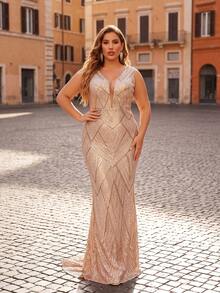 Plus Size Sexy Gold Sequin Deep V Neck Open Back Floor Length Party Ball Formal Evening Gown Dress - Gold - View 1