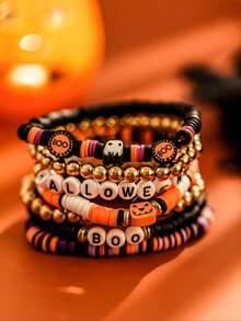 7pcs/Set European And American Halloween Theme Multi-Layer Stacked Bracelets, Punk Gothic Style Stacked Letter Jewelry, Party Cosplay Accessories, Creative Holiday Small Gift - Multicolor - View 1