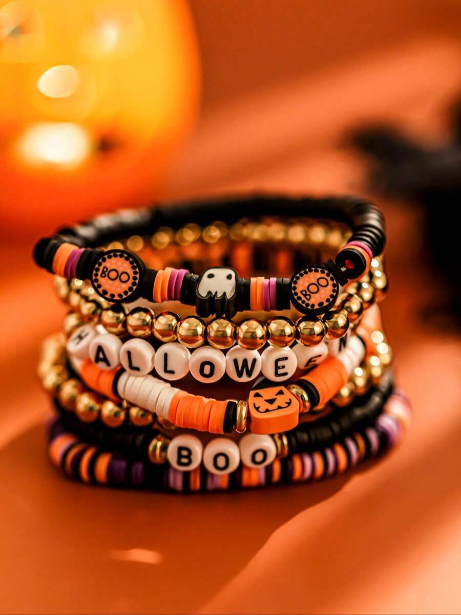 7pcs/Set European And American Halloween Theme Multi-Layer Stacked Bracelets, Punk Gothic Style Stacked Letter Jewelry, Party Cosplay Accessories, Creative Holiday Small Gift - Multicolor - View 1