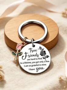 1pc/6pcs/15pcs/24pcs Keychain, True Friends Are Hard To Find Quote, Enamel Rose Pendant, Emotional Friendship Memorial Gift For Best Friends - Silver - View 5