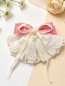 1pc Girls Sweet Cute Autumn New Multi-Color Flocked Polka Dot Bow Lace Ribbon Hair Clip - Pink - View 3