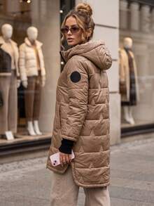 Women's Long Quilted Hooded Jacket With Zip Front And Two Side Pockets - Beige - View 2
