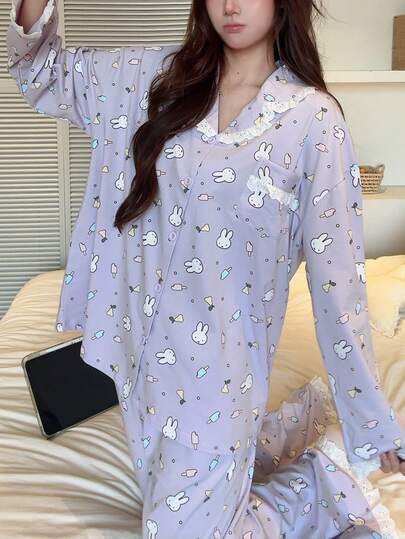 Gongdie 2 Pieces Miffy Women's Pajama Set,Fall Purple Soft Cotton Loungewear With Lace Trim And Pocket