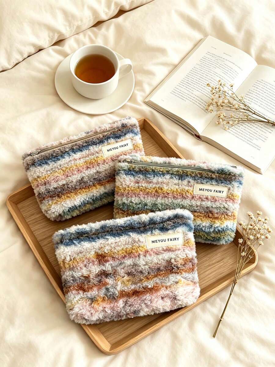 1pc Retro Casual, Fleece, Rectangular Pouch, Striped Plaid Print, Label & Zipper Detail, Holds Cosmetics & Small Items, Makeup Bag, Storage Pouch, For Daily Use, Trips, Autumn Winter & Holiday Occasions,Makeup Bag - Multicolor - View 1