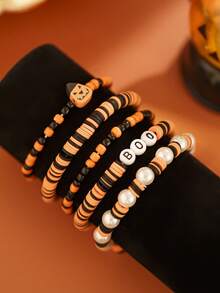 5pcs Gothic Halloween Atmosphere Layered Bracelet Set, BOO Letter Pumpkin Element, Black & Orange Faux Pearl Hand Jewelry, Great Gift Item - Multicolor - View 6