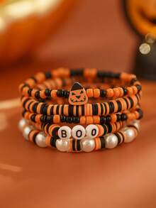 5pcs Gothic Halloween Atmosphere Layered Bracelet Set, BOO Letter Pumpkin Element, Black & Orange Faux Pearl Hand Jewelry, Great Gift Item - Multicolor - View 2