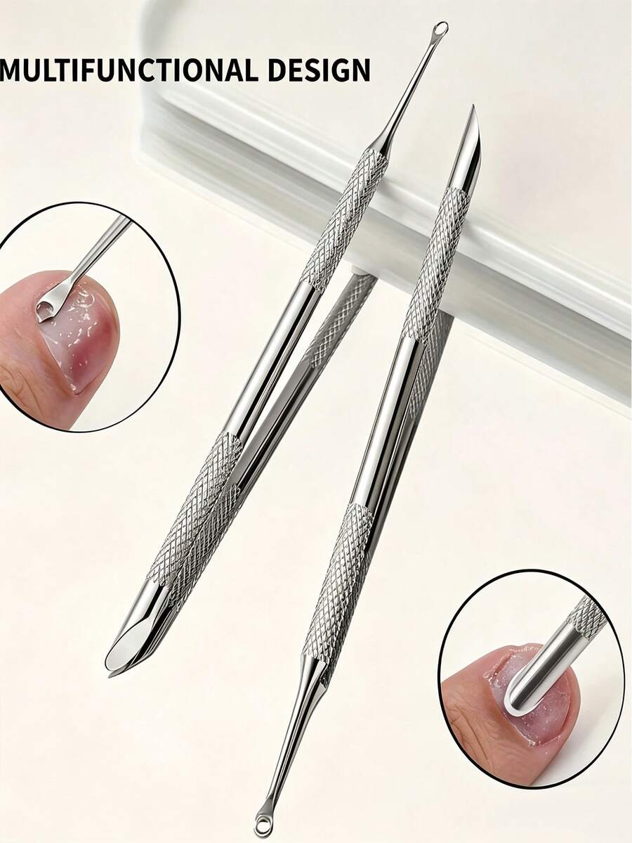 1pc New Upgraded Metal Silver Double-Ended CuticlePusher And Cutter Remover Salon Quality StainlessSteel Gel Nail Polish Scraper Professional Manicure NailCare Cleaning Tool For Fingernails And ToenailsHandmade Nail Art - Silver - View 1
