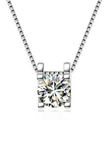 SYMFNY 1pc Minimalist Style 925 Sterling Silver Bull Head Setting Round CZ Box Chain Necklace For Women Daily Wear Jewelry Gift - Silver - View 4