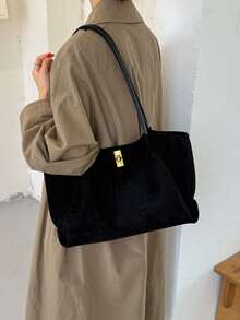 1pc Deep Coffee Color Mother-Daughter Bag Metal Lock Large Capacity Shoulder Bag Lock Closure Minimalist Retro Tote Bag Autumn Winter Office Commute Women's Handbag - A - View 7