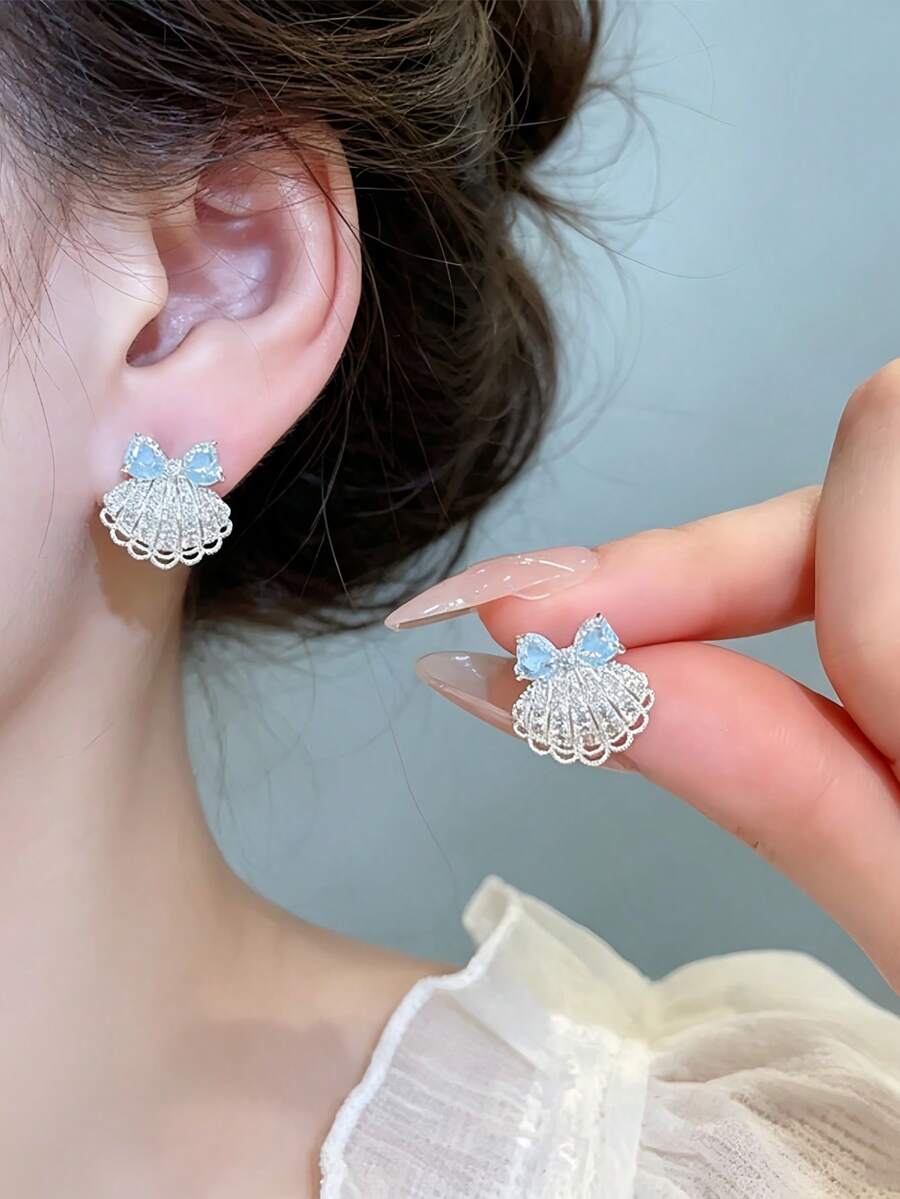 1 đôi bông tai đính đá hình nơ dạng quạt cho nữ, phong cách ngọt ngào tươi mới cá tính thời trang thanh lịch đa năng đi làm hàng ngày
