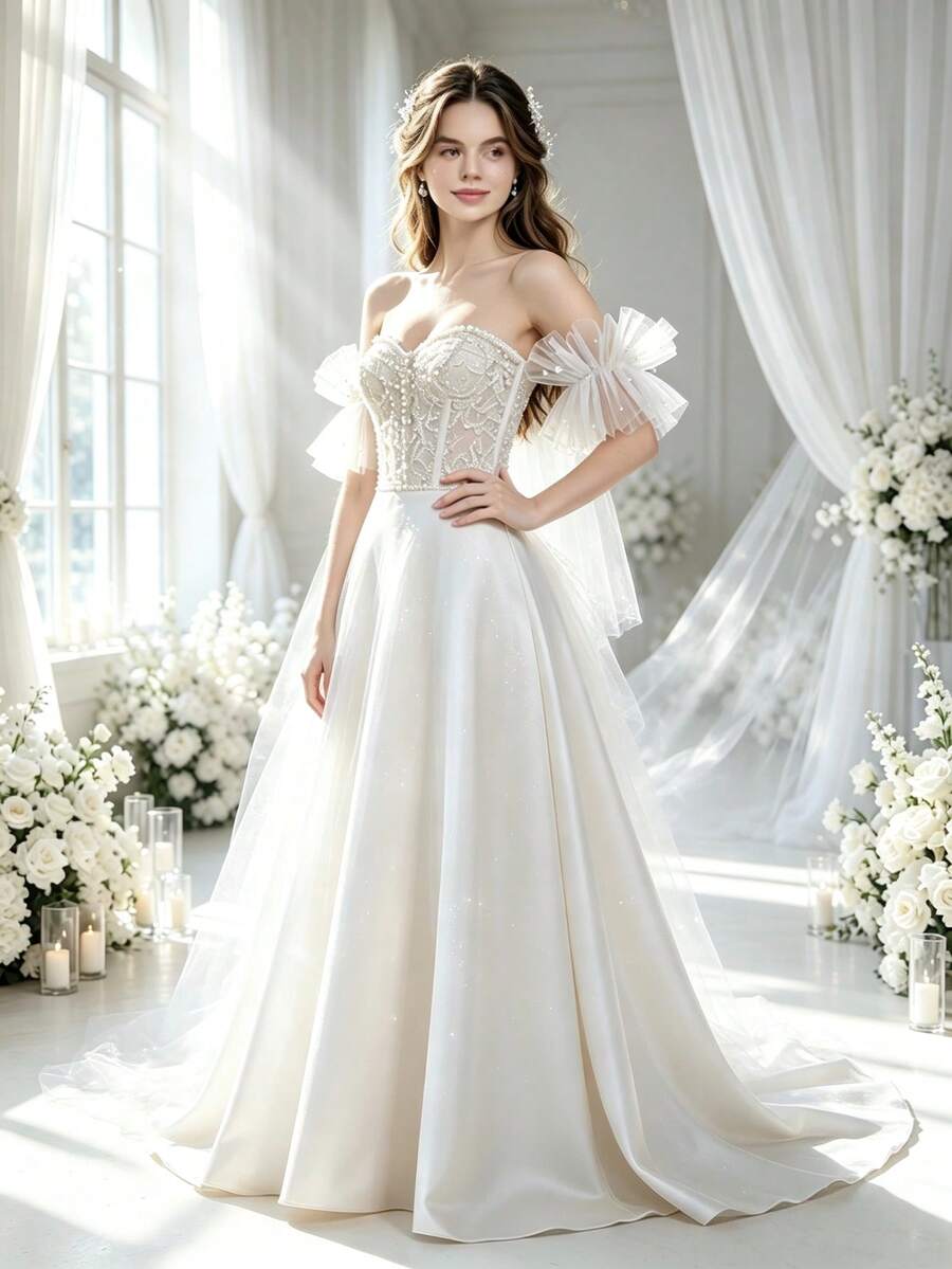 French Style Bridal Sleeve, White Tulle Pearl Wrist Decor For Photography - Multicolor - View 1