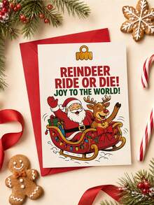 1pc "Reindeer Ride Or Die! Joy To The World!" Christmas Greeting Card Set, Santa & Reindeer Sleigh Illustration With Red Envelope For Best Friends, Family, Coworkers & Holiday Celebrations - Fun Reindeer - View 8