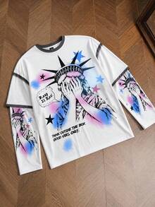 Krometka Men's American Street Style Face-Covering Statue Of Liberty 2 In 1 Long Sleeve Sweatshirt, Spray-Painted Star & Letter Print Loose Fit Pullover - White - View 1