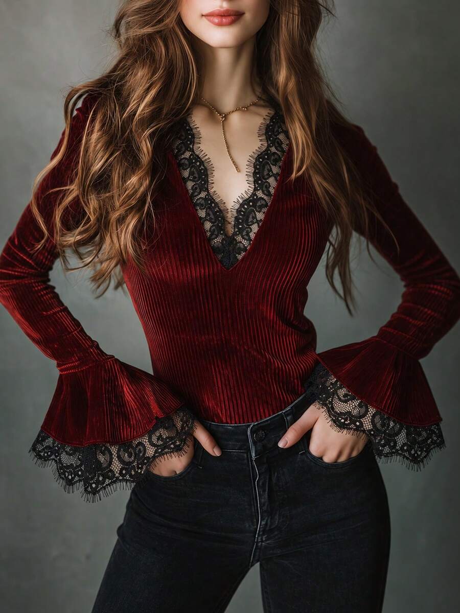 Women's Velvet Deep V-Neck Top, Romantic Burgundy Pleated Velvet Blouse With Black Lace Trim, Ruffle Long Sleeve, Knitted Fabric Ruffle Collar Blouse - Burgundy - View 1