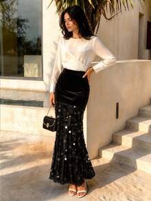 Black Sequin Patchwork Skirt, Elegant Casual Ceremonial Style, Autumn Skirt - Black - View 1