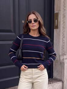 Halloween Christmas New Year Navy Stripe Knit Top Women Slim Cropped Long Sleeve Crew Neck Retro Preppy Holiday Party Tee - Navy Blue - View 2