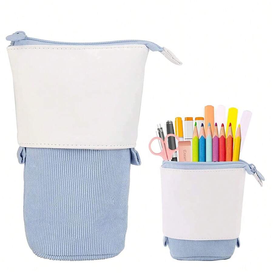 1pc Black/Pink/Blue Canvas Pencil Case, Teen Stationery, Retractable Pencil Case, Zippered Canvas Bag, Vertical Pencil Case. Random Color, Random Packaging - A - View 1