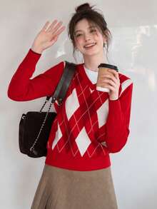 Sweater Pullover Leher V Wanita Kasual Musim Dingin Minimalis Motif Argyle Vintage - Merah - View 1