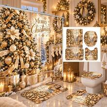 1pc/4pcs Gold Christmas Tree Pattern Multifunctional Bathroom Decor Shower Curtain Set Free 12 Hooks Premium Holiday Atmosphere Bathroom Mat U-Shaped Floor Mat And Round Toilet Lid Cover Suitable For All Scenes Decoration Bathroom Set - Gold Christmas Tree 6 - View 1