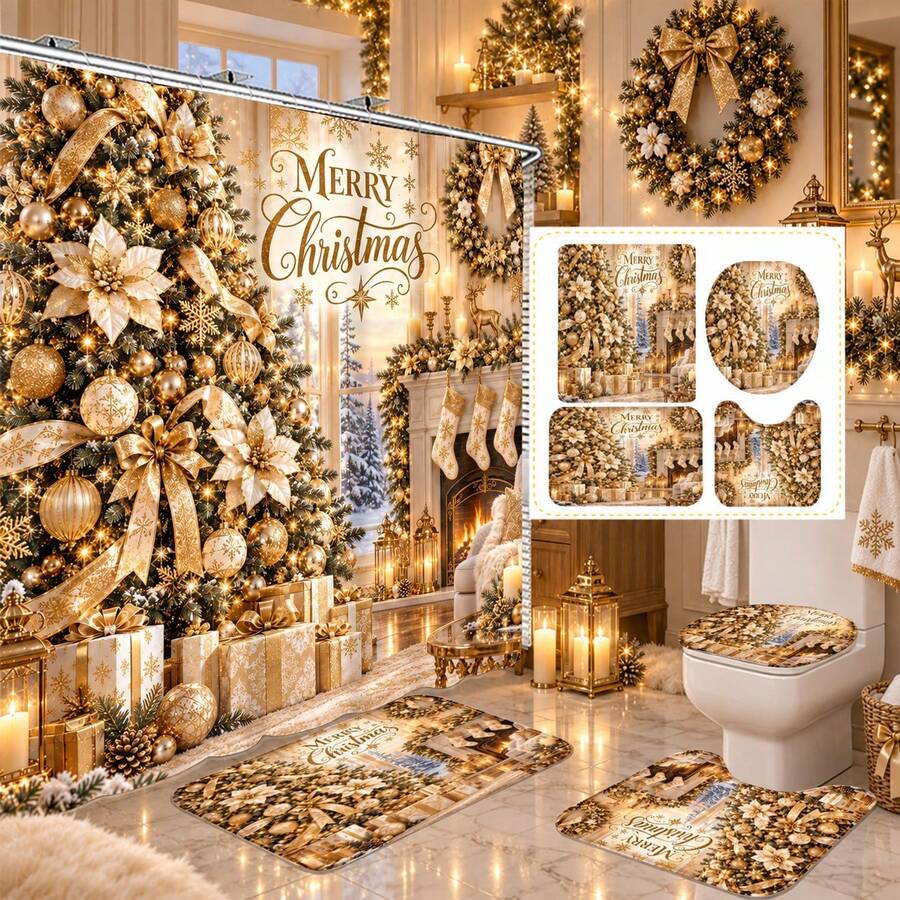 1pc/4pcs Gold Christmas Tree Pattern Multifunctional Bathroom Decor Shower Curtain Set Free 12 Hooks Premium Holiday Atmosphere Bathroom Mat U-Shaped Floor Mat And Round Toilet Lid Cover Suitable For All Scenes Decoration Bathroom Set - Gold Christmas Tree 6 - View 1