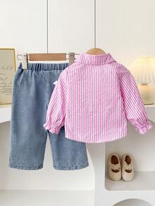 Bộ đồ bé gái thu đông họa tiết nơ, áo blouse nơ ruy băng sọc hồng và quần denim wash họa tiết nơ, phong cách thường ngày đi làm/đi chơi đa năng - Hồng - Xem 2