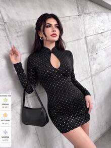 Women's Fashion Elegant Minimalist Polka Dot Lace Patchwork Cheongsam Collar Frog Button Design Slim Fit Short Dress - Black - View 10