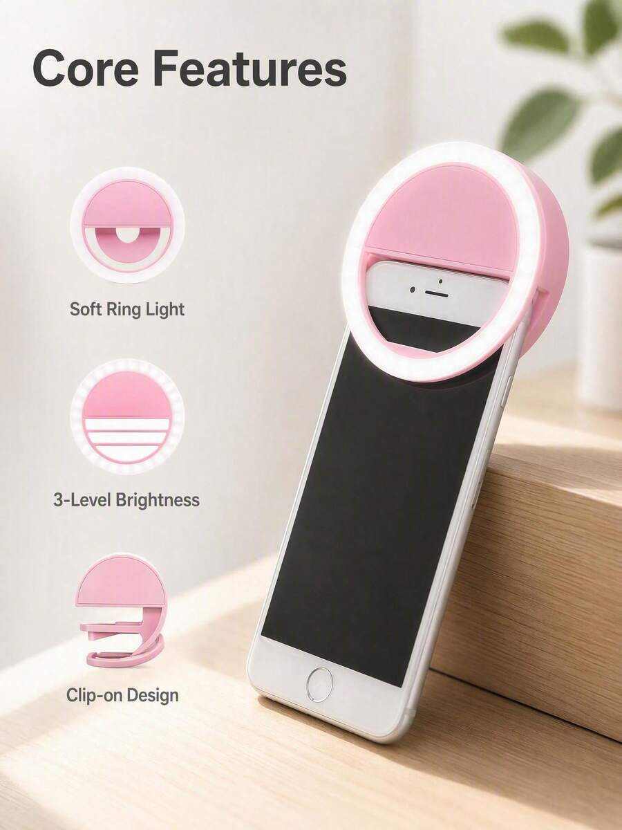Pink Clip-On 3-Level Dimmable Selfie Ring Light, Suitable For Photography And Live Streaming, Phone Clip-On Fill Light, Portable Live Streaming Light, Makeup Photography Fill Light, Rechargeable Selfie Light, Pink Phone Ring Light 150mAh