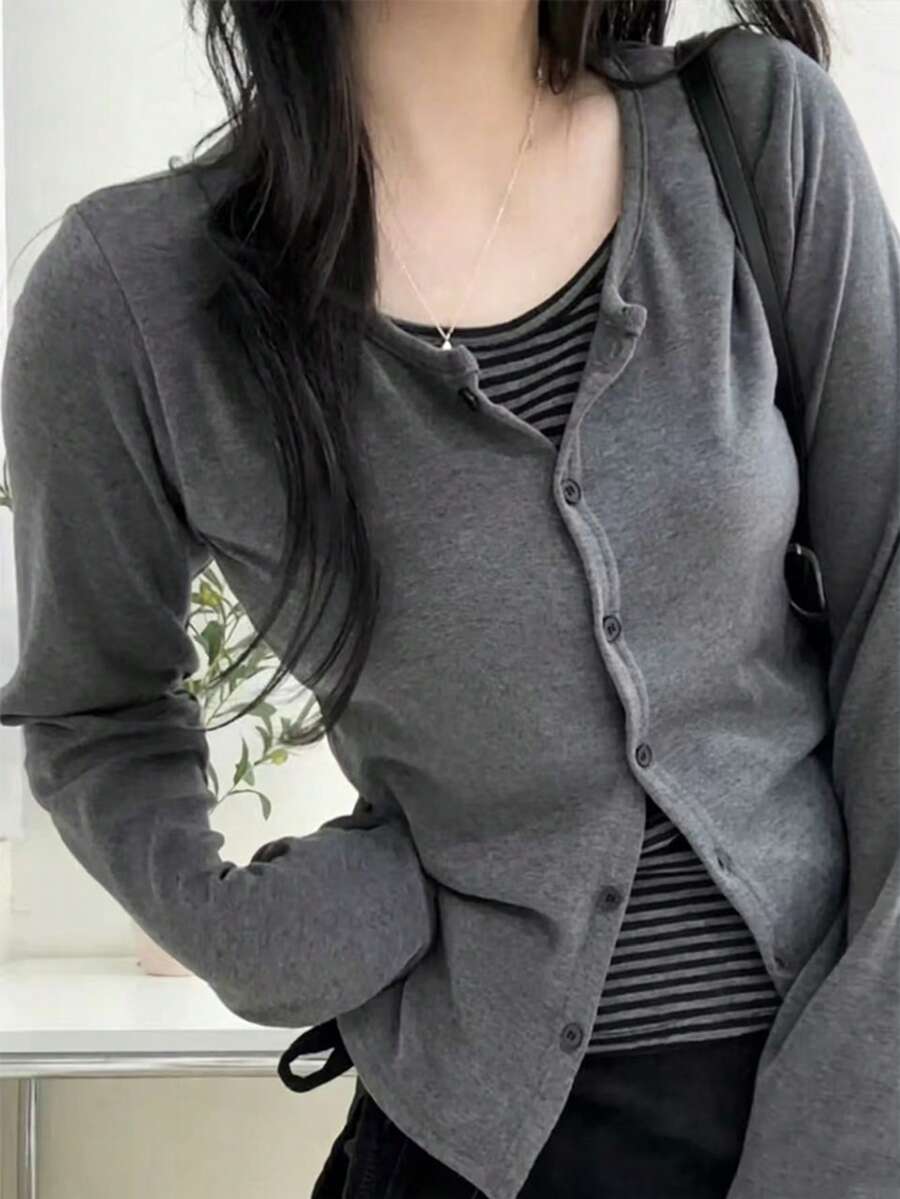 Korean Style Fashion 2-In-1 Striped Round Neck Slim Fit Top, Autumn Casual Versatile Long Sleeve Layering T-Shirt - Grey - View 1