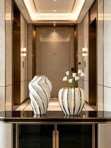 White Gold Fluted Rim Ceramic Flower Vase, 1 Piece Luxury Tabletop Ornament - 1PC - View 7
