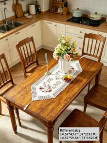 1pc 100% Polyester Butterfly Floral Embroidered Table Runner, White Lace Trim Table Runner With Tassel, European Style Dining Table Decor For Home Wedding Party - White - View 6