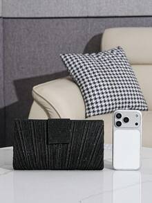 黑色亮面百褶晚宴手拿包 信封式手機包 紅色錢包 優雅女士手提包 搭配正式禮服 派對舞會活動 時尚百搭包 - 黑色 - 查看 3