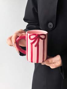 1pc Red Striped Ceramic Mug, Modern Minimalist Ins Style Creative Vertical Stripe & Bow Design Large Capacity Breakfast Coffee Cup, Home Breakfast Milk Cup, Suitable For Christmas, Saudi National Day, Gift For Classmates/Friends - Multicolor - View 13