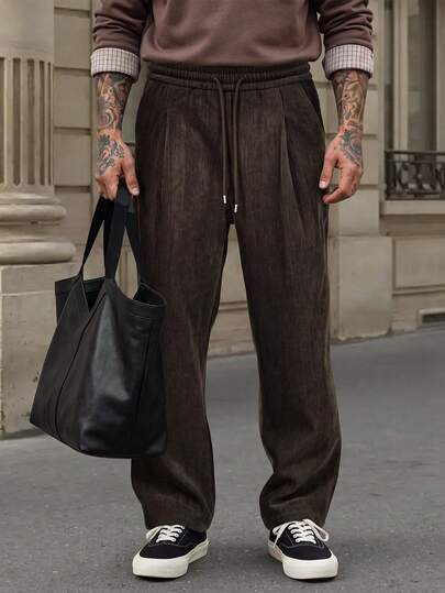 Calça Masculina de Outono Vintage Marrom de Veludo Cotelê Perna Larga, Cintura Elástica com Cordão, Pregas, Calça Relaxada com Bolsos, Parte Inferior Casual para Uso Diário e Férias