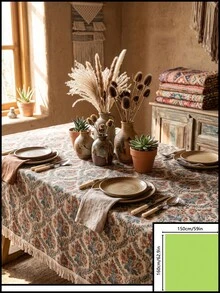 1pc Beige Background Blue Red Green Vintage Paisley Floral Pattern Tablecloth, Retro Bohemian Style Woven Fabric Material, Rectangular Beige Tassel Edge Detail, Stain-Resistant Protective And Decorative Function For Home Dining Table, Suitable For Bohemian Dining Table Decor And Daily Home Scenes - Khaki - View 19