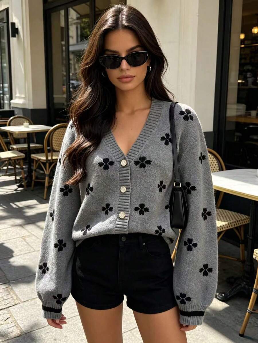 Women's Autumn/Winter Minimalist Clover Design Contrast Color Metal Button Cardigan, Fashionable Elegant Loose Casual Versatile Knit Sweater Long Sleeve Jacket Top - Grey - View 1