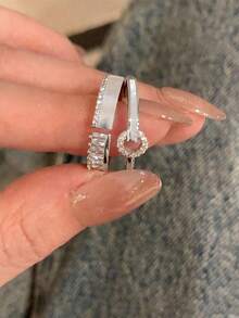 2pcs Copper Material Fashionable Luxury High-End Elegant Niche Design Personalized Versatile Silver Color Artificial Zirconia Geometric Open Ring Suitable For Children Girls Daily & Festival Wear - Multicolor - View 5