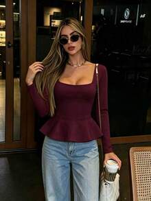 Atasan Rajut Lengan Panjang Leher Persegi Wanita yang Elegan, Blus Peplum Panjang Standar - Burgundy - View 1