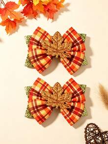 2/3PCS Children Maple Leaf Print Bow Hair Clips, Sequin Bow Cartoon Maple Leaf Accessory Decorative Hair Clips, Suitable For Autumn/Winter Outdoor Wear - Multicolor - View 8
