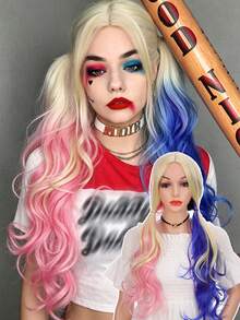 24 Inch Long Wavy Curly Multi-Color Blue, Pink, Gold Cosplay Wig With Side Bangs, Middle Part Synthetic Cosplay Wig For Halloween, Music Festival, Costume Party, Role Play ﻿ - Multicolor - View 1
