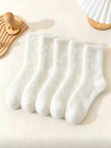 5 Pairs Solid Color Faux Fur Warm Cozy Mid-Calf Socks For Women, Autumn/Winter - White - View 10