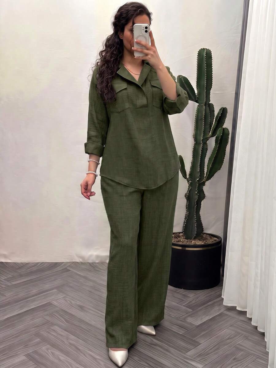 Women's Spring/Autumn Solid Color Casual 2-Piece Set With Pockets And Front Button Closure, Elegant Outfit For Daily Wear, Commuting, Office And Dating
